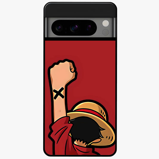 Luffy X Spirit Glass Case showing flat back view with bold anime character artwork and glossy glass finish.