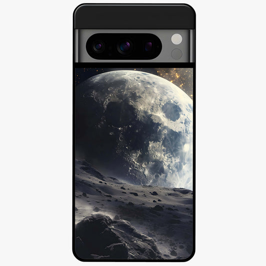 Lunar Horizon Glow Glass Case showing flat back view with glowing moon horizon artwork and glossy glass finish.