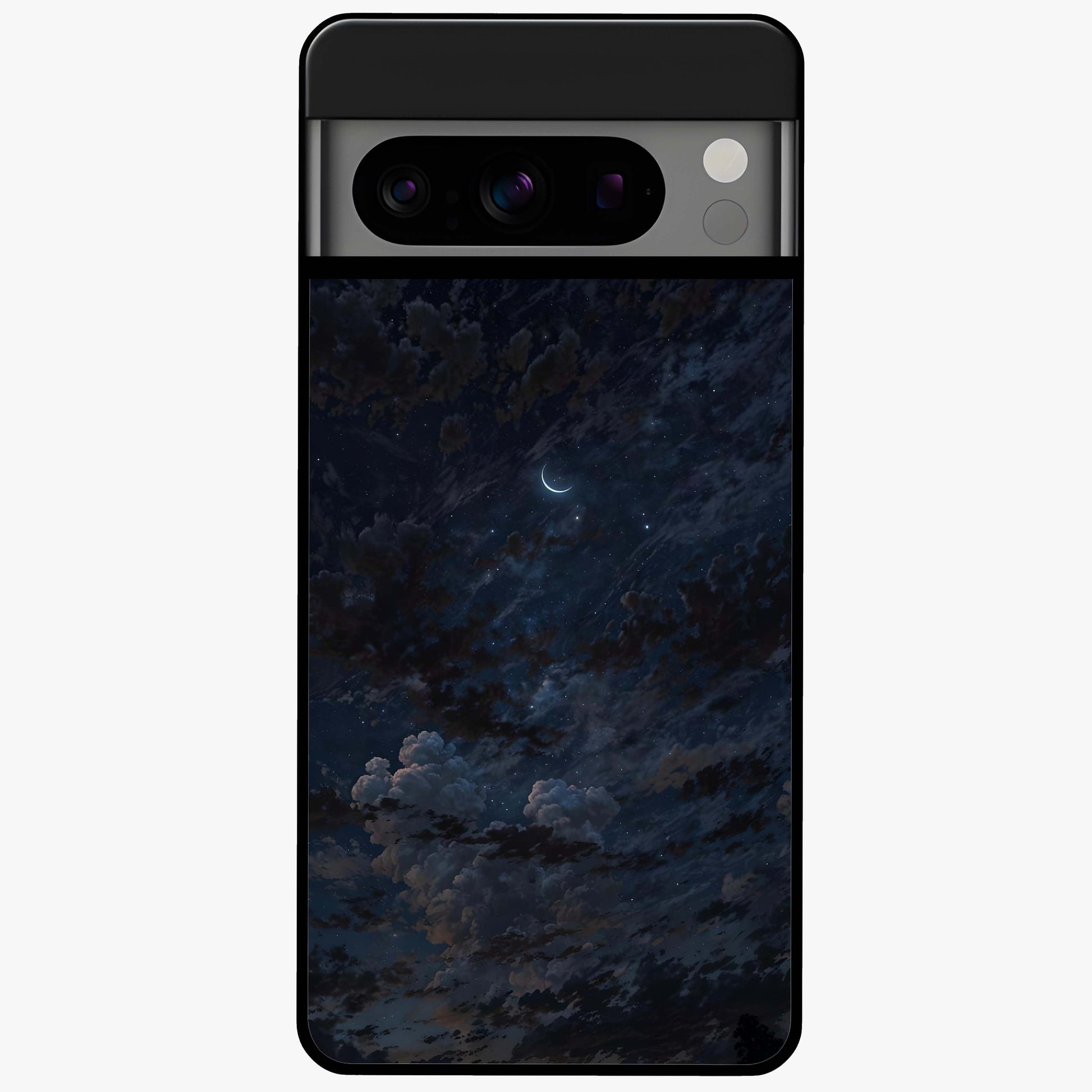 Lunar Veil Silence Glass Case showing flat back view with mystical moon veil artwork and glossy glass finish.