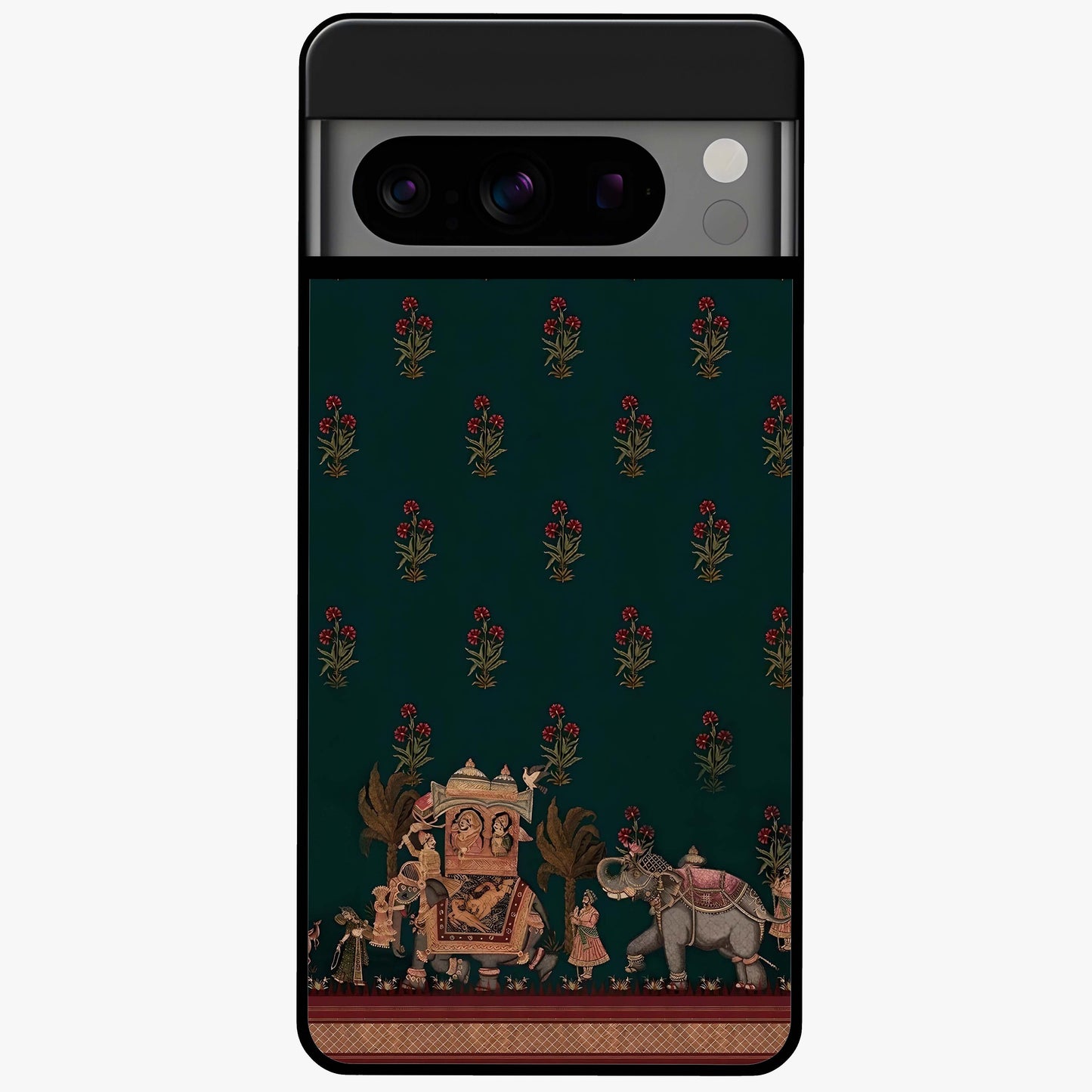 Macmerise Glass Case showing flat back view with stylish modern artwork and glossy glass finish.