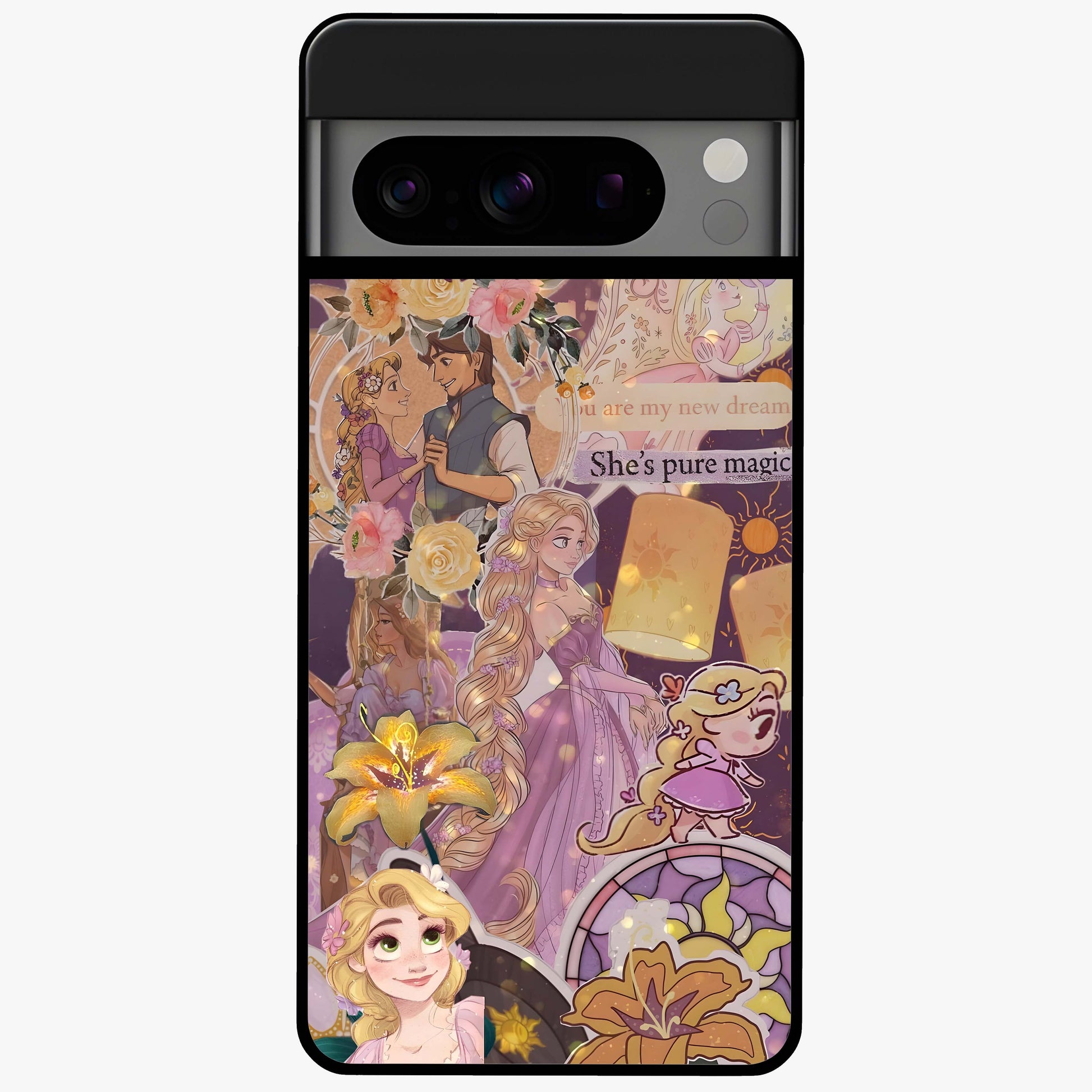 Magical Tangled Dream Glass Case showing flat back view with dreamy tangled artwork and glossy glass finish.
