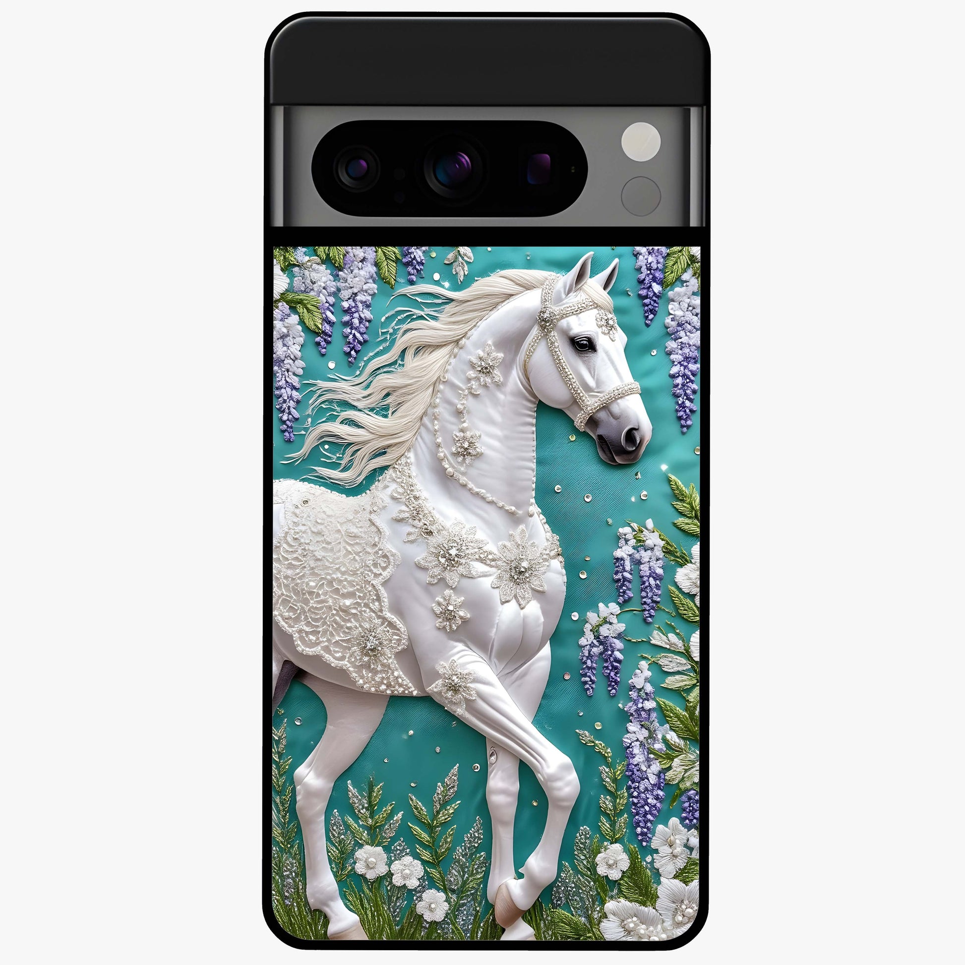 Majestic Floral Stallion Glass Case showing flat back view with powerful horse and floral artwork and glossy glass finish.