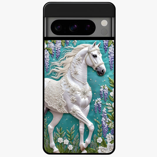 Majestic Floral Stallion Glass Case showing flat back view with powerful horse and floral artwork and glossy glass finish.