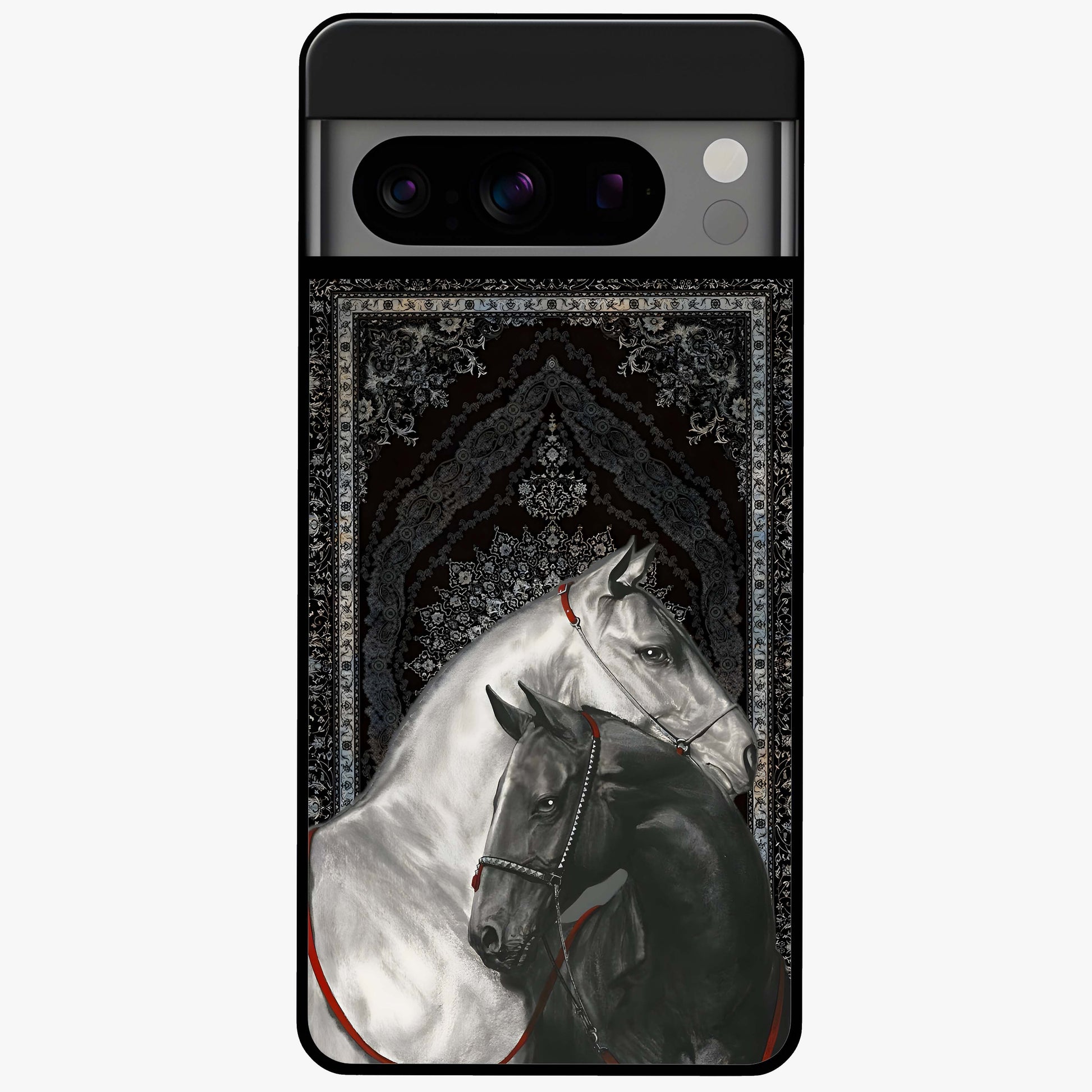 Majestic Ride Legacy Glass Case showing flat back view with powerful automotive inspired artwork and glossy glass finish.