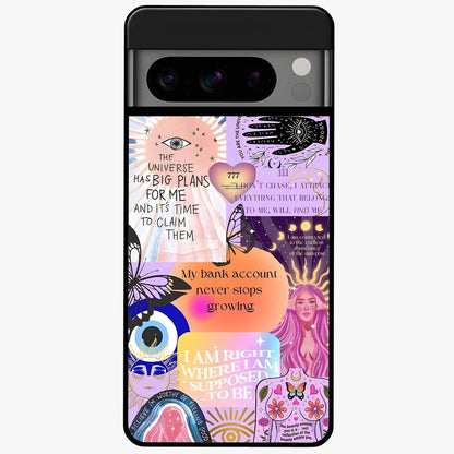 Manifestation Collage Glass Case showing flat back view with motivational collage artwork and glossy glass finish.