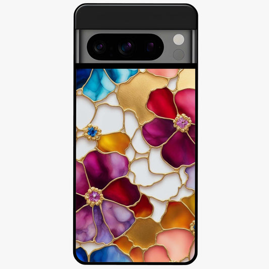 Marble Flower Pattern Glass Case showing flat back view with marble texture floral artwork and glossy glass finish.