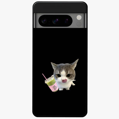 Matcha Cat Style Glass Case showing flat back view with cute matcha themed cat artwork and glossy glass finish.