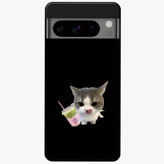 Matcha Cat Style Glass Case showing flat back view with cute matcha themed cat artwork and glossy glass finish.
