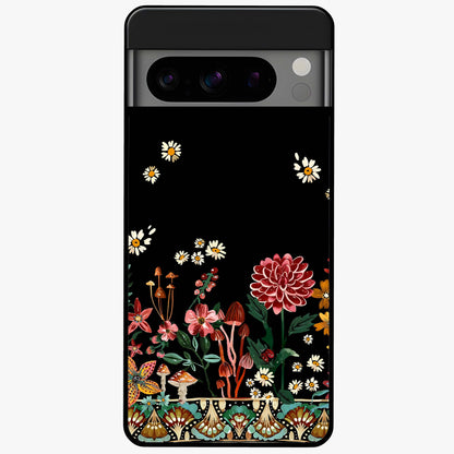 Midnight Bloom Pattern Glass Case showing flat back view with dark floral pattern artwork and glossy glass finish.