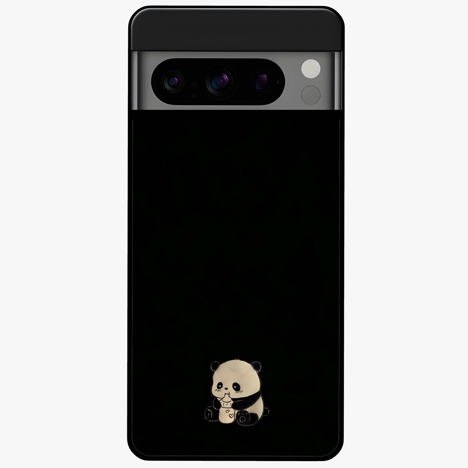 Midnight Panda Love Glass Case showing flat back view with cute panda themed artwork and glossy glass finish.