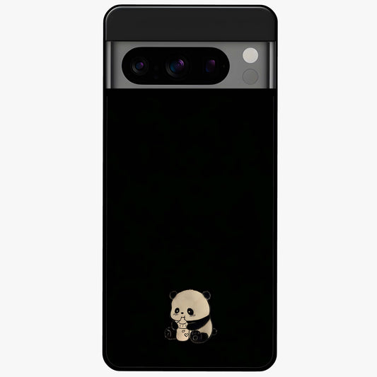 Midnight Panda Love Glass Case showing flat back view with cute panda themed artwork and glossy glass finish.
