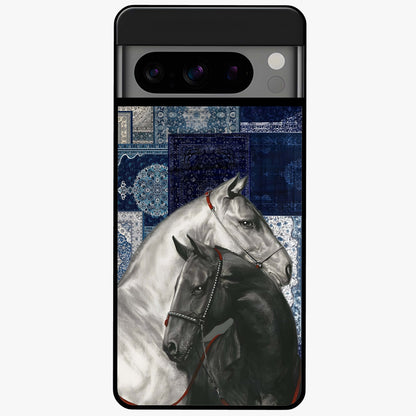 Midnight Stallion Blues Glass Case showing flat back view with majestic horse artwork and glossy glass finish.