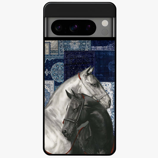 Midnight Stallion Blues Glass Case showing flat back view with majestic horse artwork and glossy glass finish.