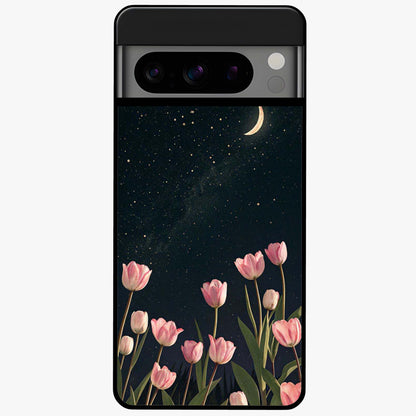 Midnight Tulip Whispers Vibe Glass Case showing flat back view with elegant tulip flower artwork and glossy glass finish.
