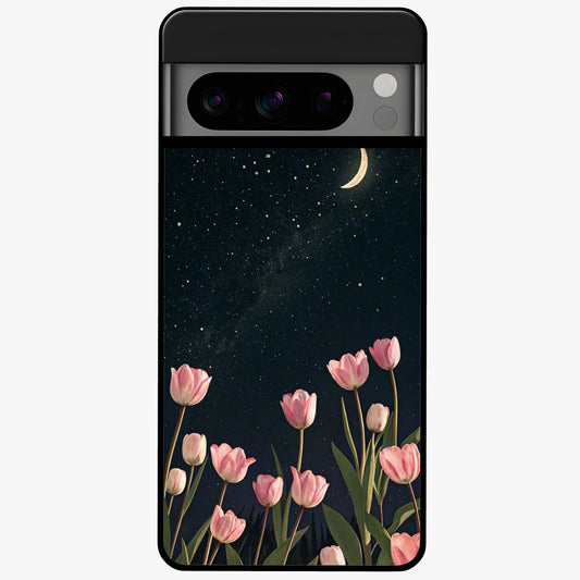 Midnight Tulip Whispers Vibe Glass Case showing flat back view with elegant tulip flower artwork and glossy glass finish.