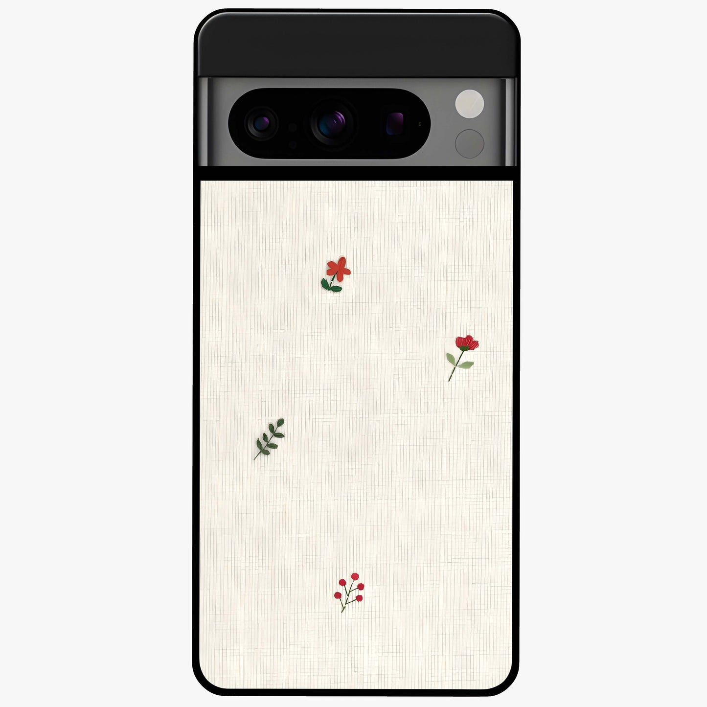 Minimal Petal Whispers Glass Case showing flat back view with soft minimal floral artwork and glossy glass finish.