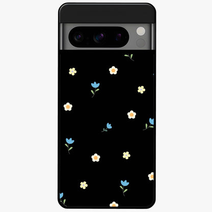 Minimalistic Blue With White Flower Pattern Glass Case showing flat back view with blue background and white flower pattern and glossy glass finish.