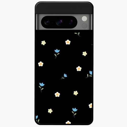 Minimalistic Blue With White Flower Pattern Glass Case showing flat back view with blue background and white flower pattern and glossy glass finish.