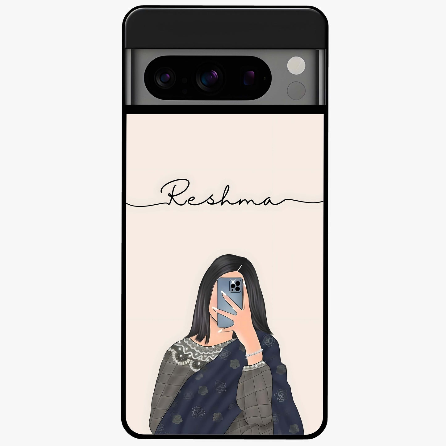 Mirror Mood Muse With Custom Name Glass Case showing flat back view with stylish mirrored artwork and personalized name design.