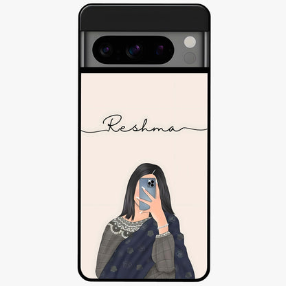 Mirror Mood Muse With Custom Name Glass Case showing flat back view with stylish mirrored artwork and personalized name design.
