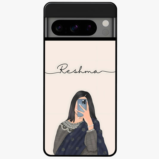 Mirror Mood Muse With Custom Name Glass Case showing flat back view with stylish mirrored artwork and personalized name design.