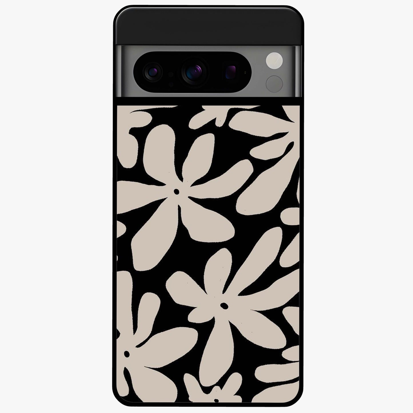 Monochrome Petal Dance Glass Case showing flat back view with monochrome floral artwork and glossy glass finish.