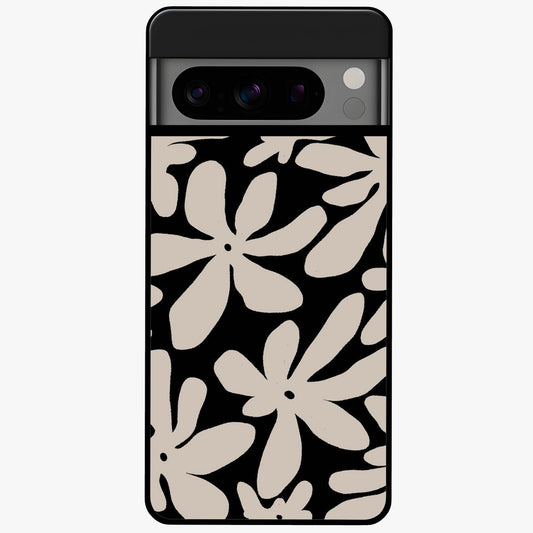Monochrome Petal Dance Glass Case showing flat back view with monochrome floral artwork and glossy glass finish.