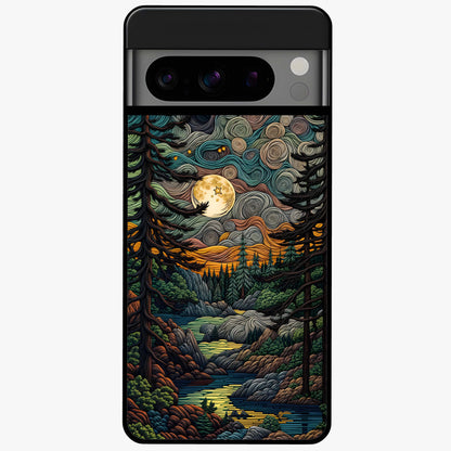 Moonlight Forest Dream Glass Case showing flat back view with mystical forest moonlight artwork and glossy glass finish.