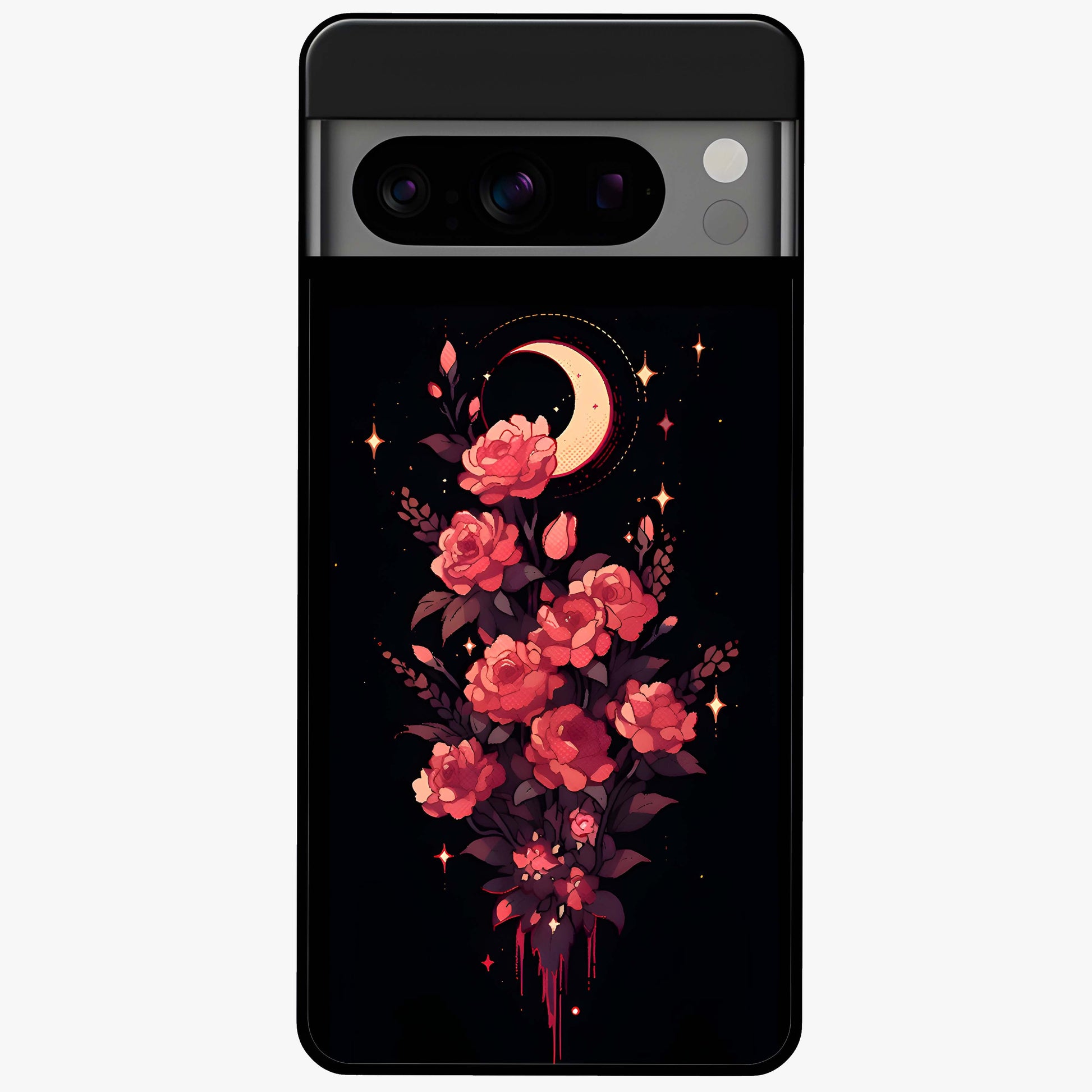 Moonlit Floral Elegance Glass Case showing flat back view with elegant floral artwork under moonlit tones and glossy glass finish.