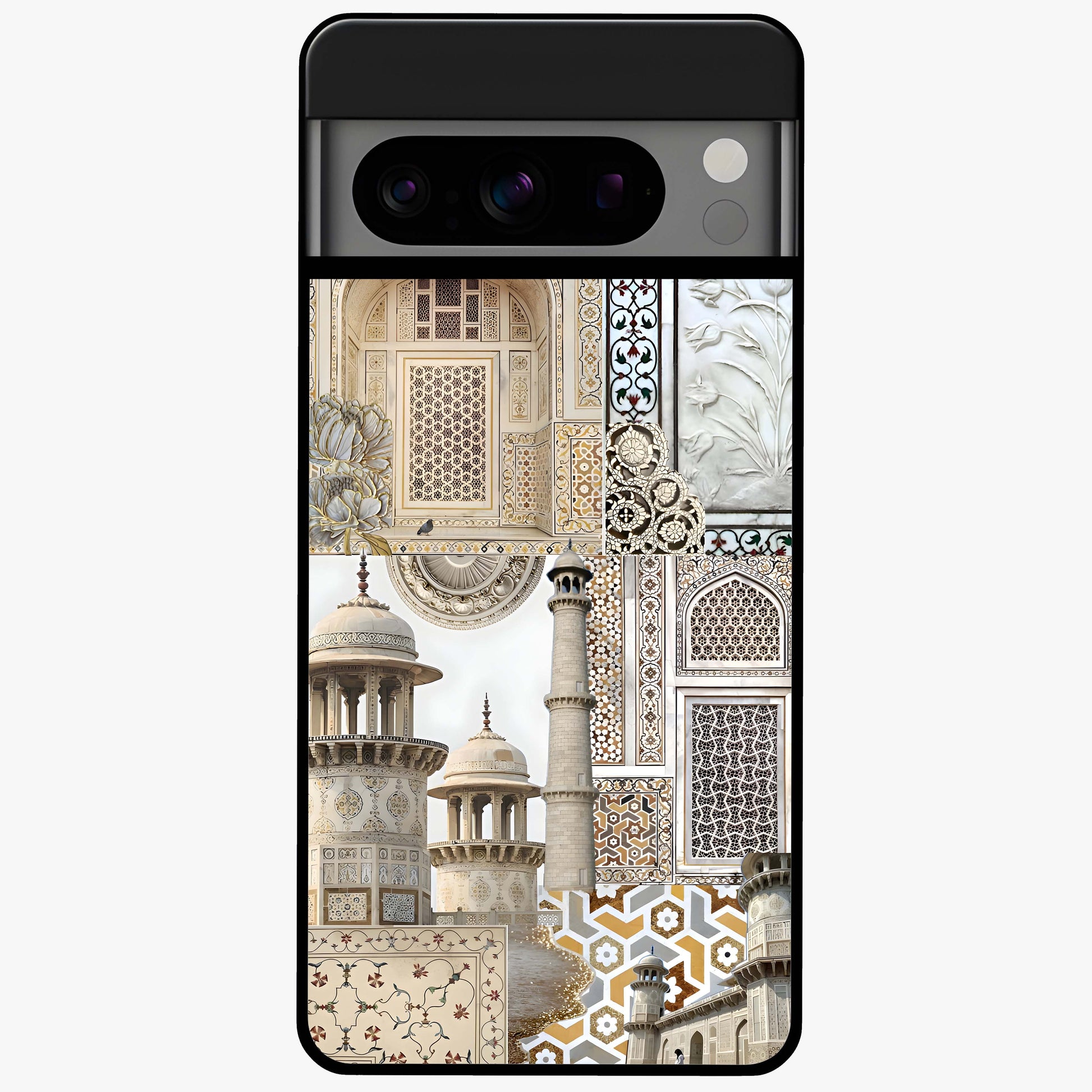 Mughal Marble Legacy Glass Case showing flat back view with intricate Mughal inspired marble pattern and glossy glass finish.