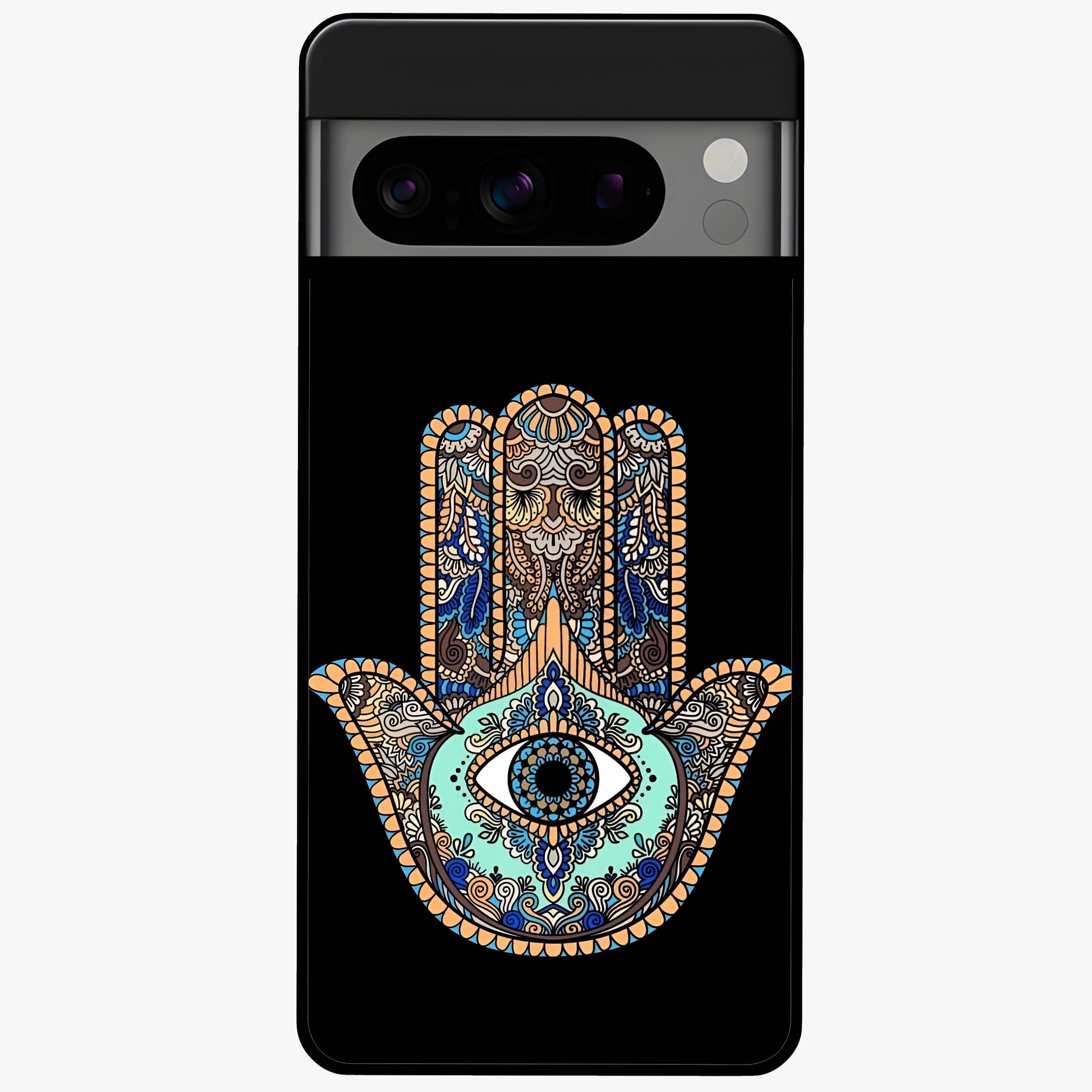 Mystic Hamsa Eye Glass Case showing flat back view with protective hamsa hand and evil eye artwork and glossy glass finish.