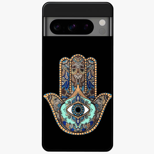 Mystic Hamsa Eye Glass Case showing flat back view with protective hamsa hand and evil eye artwork and glossy glass finish.