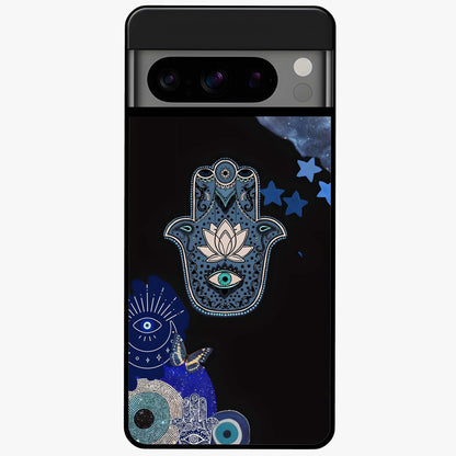 Mystic Hand Aura Glass Case showing flat back view with mystical hand symbol artwork and glossy glass finish.