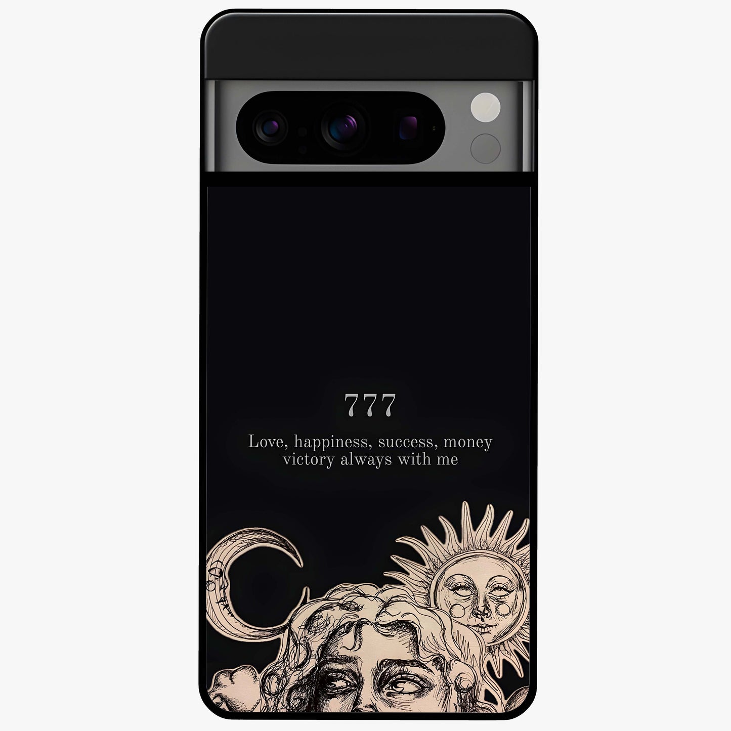 Mystic Victory Aura Glass Case showing flat back view with victory symbol artwork and glossy glass finish.