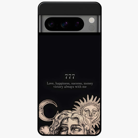 Mystic Victory Aura Glass Case showing flat back view with victory symbol artwork and glossy glass finish.
