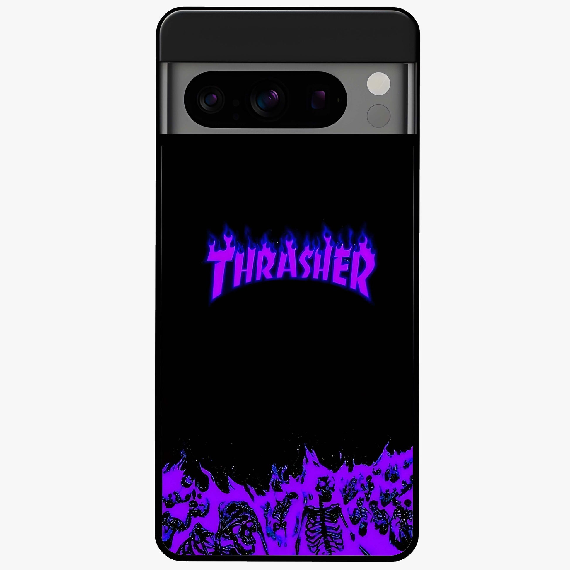 Neon Flame Riot Glass Case showing flat back view with neon flame artwork and glossy glass finish.