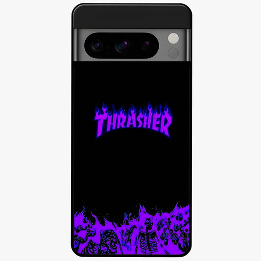 Neon Flame Riot Glass Case showing flat back view with neon flame artwork and glossy glass finish.