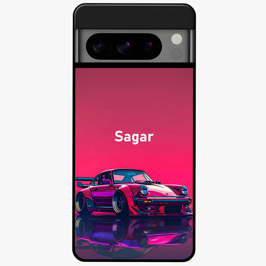 Neon Pink Porsche Glass Case showing flat back view with stylish sports car artwork and glossy glass finish.