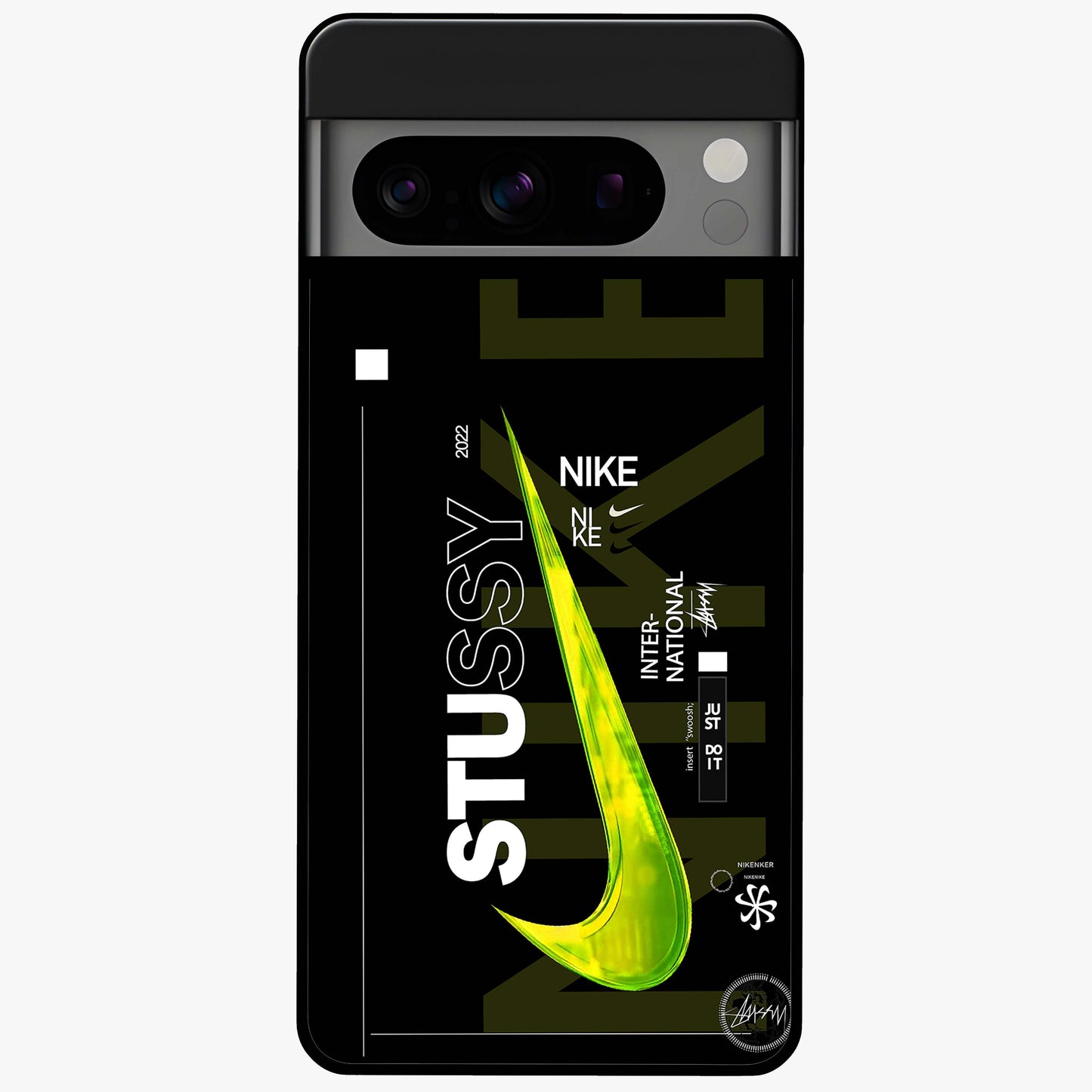 Neon Street Edition Glass Case showing flat back view with neon street style artwork and glossy glass finish.