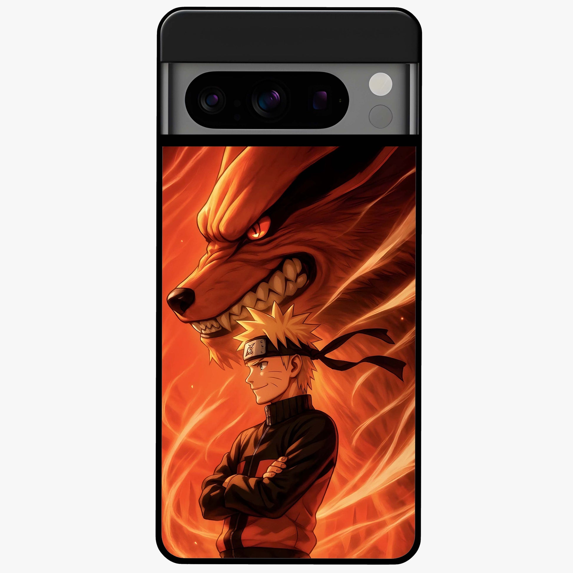 Nine Tails Legacy Glass Case showing flat back view with powerful nine-tailed fox inspired artwork and glossy glass finish.