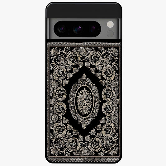 Noir Bloom Elegance Glass Case showing flat back view with elegant dark floral artwork and glossy glass finish.