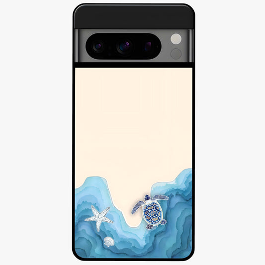 Ocean Drift Turtle Glass Case showing flat back view with sea turtle artwork and glossy glass finish.