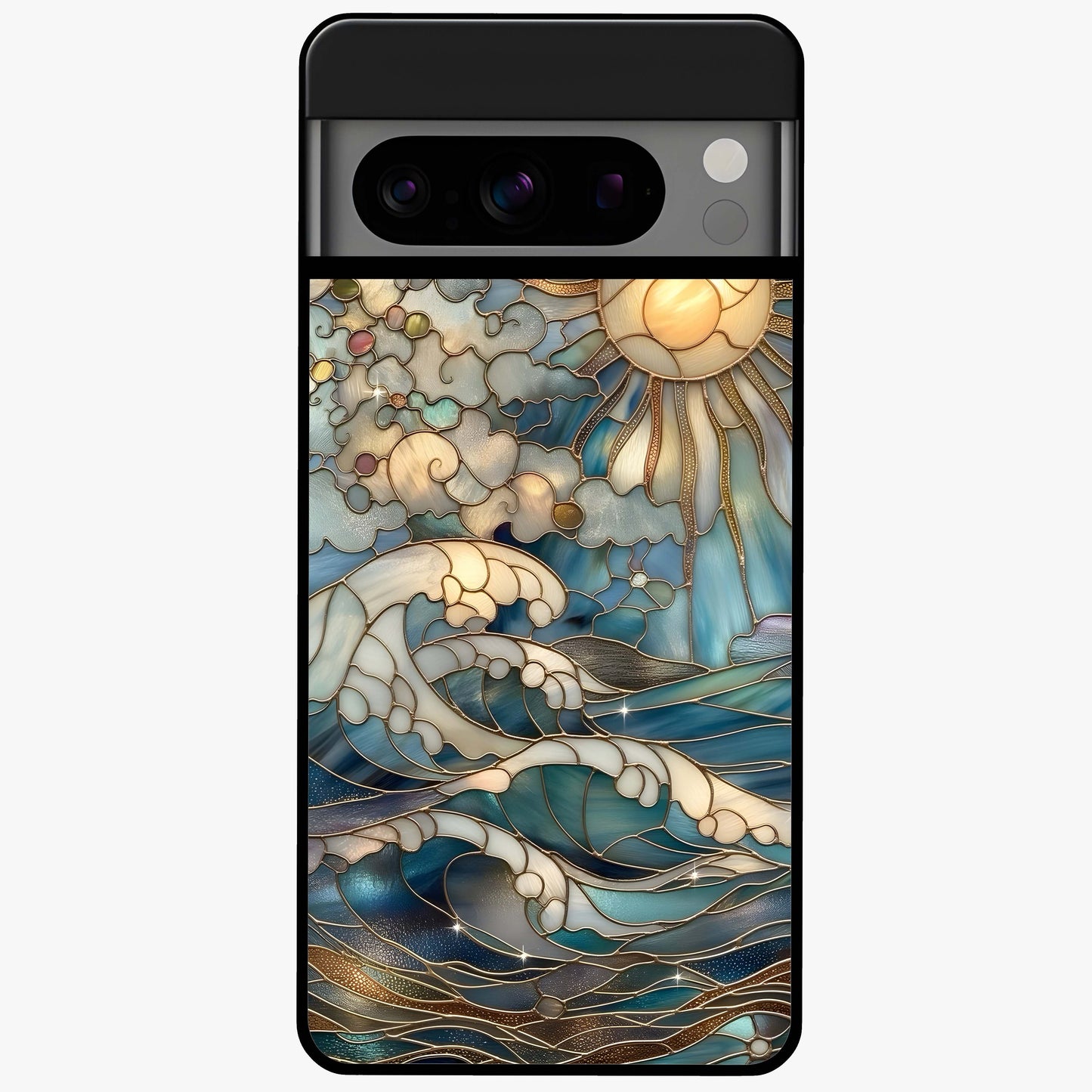 Oceanic Stained Printed Glass Case showing flat back view with ocean inspired stained pattern artwork and glossy glass finish.