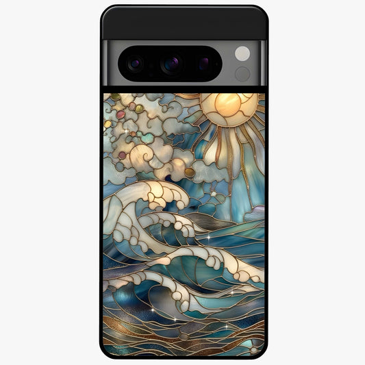 Oceanic Stained Printed Glass Case showing flat back view with ocean inspired stained pattern artwork and glossy glass finish.