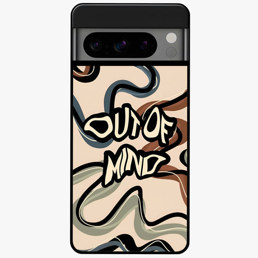Out Of Mind Glass Case showing flat back view with expressive typography artwork and glossy glass finish.