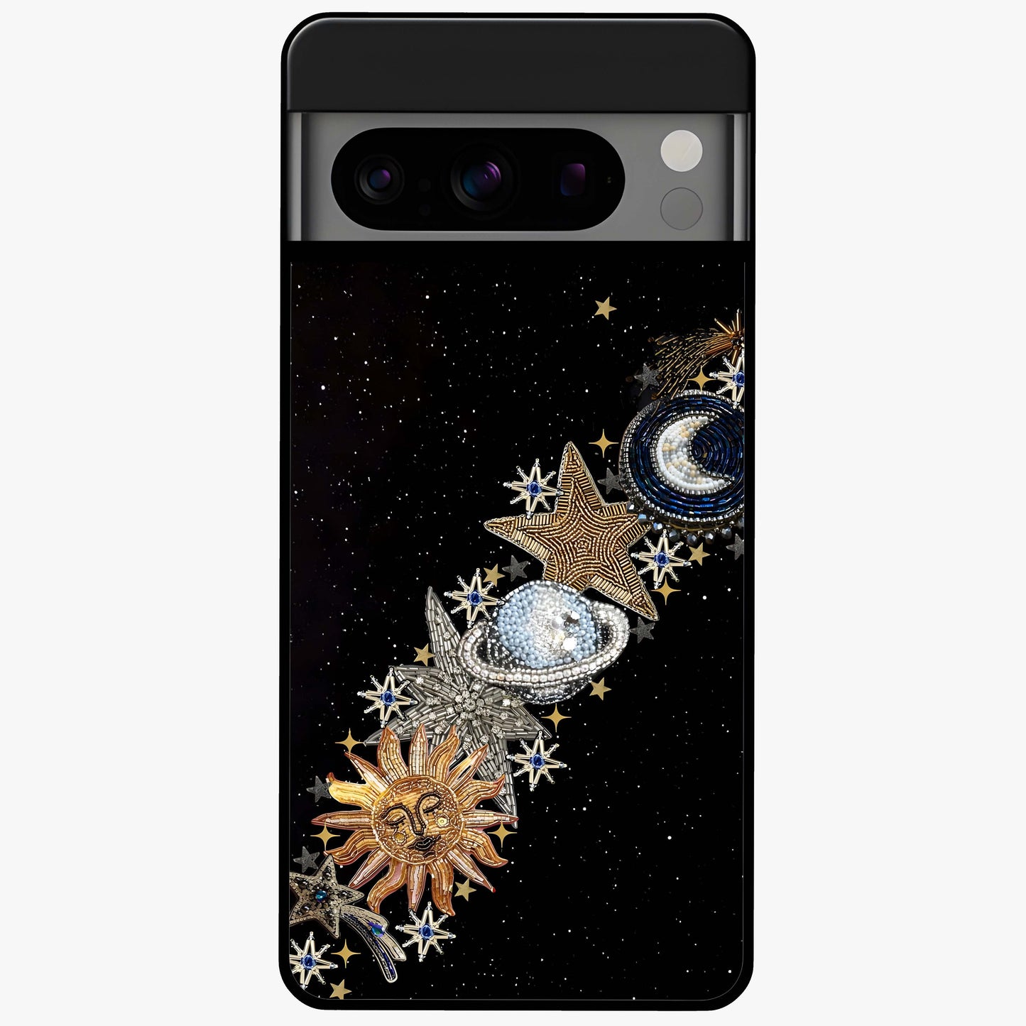 Pearls Universe Object Glass Case showing flat back view with pearl inspired cosmic artwork and glossy glass finish.