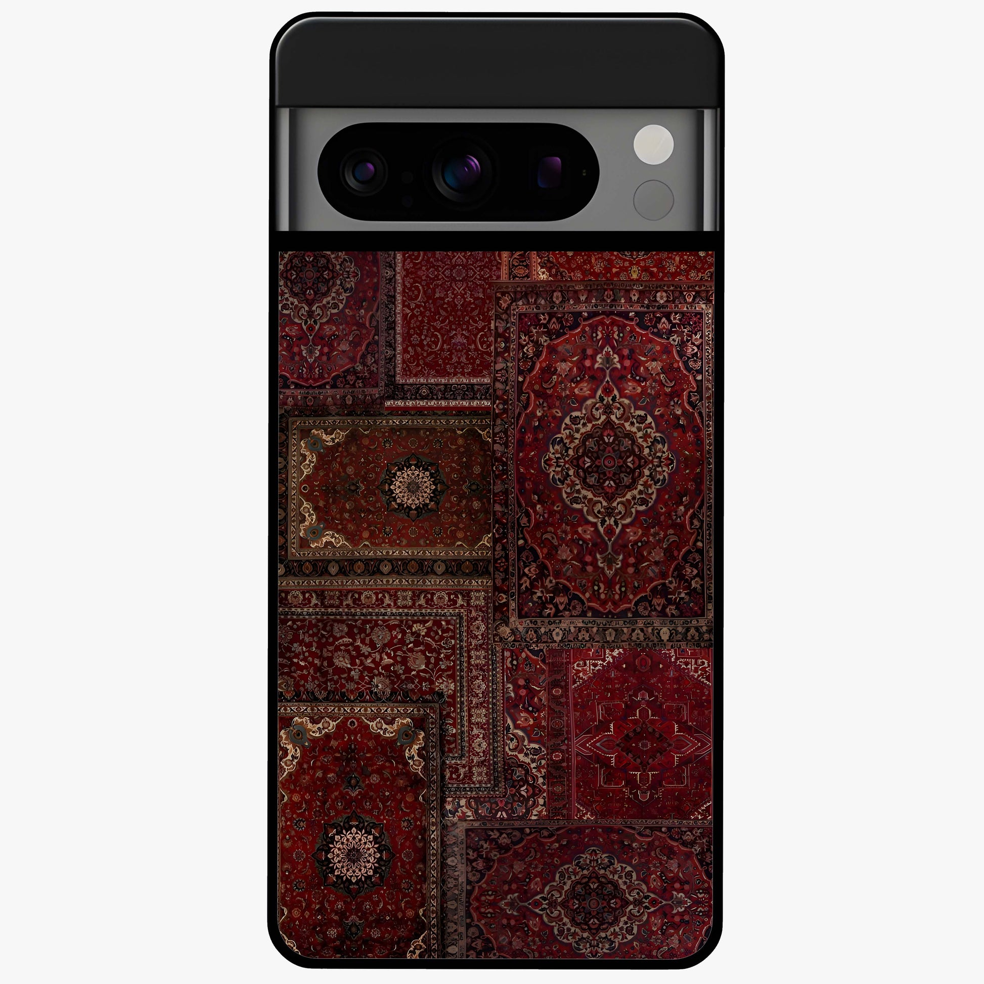 Persian Velvet Tale Glass Case showing flat back view with luxurious Persian velvet pattern artwork and glossy glass finish.