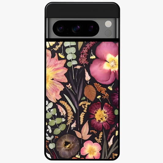 Petal Dream Tapestry Glass Case showing flat back view with intricate floral tapestry artwork and glossy glass finish.