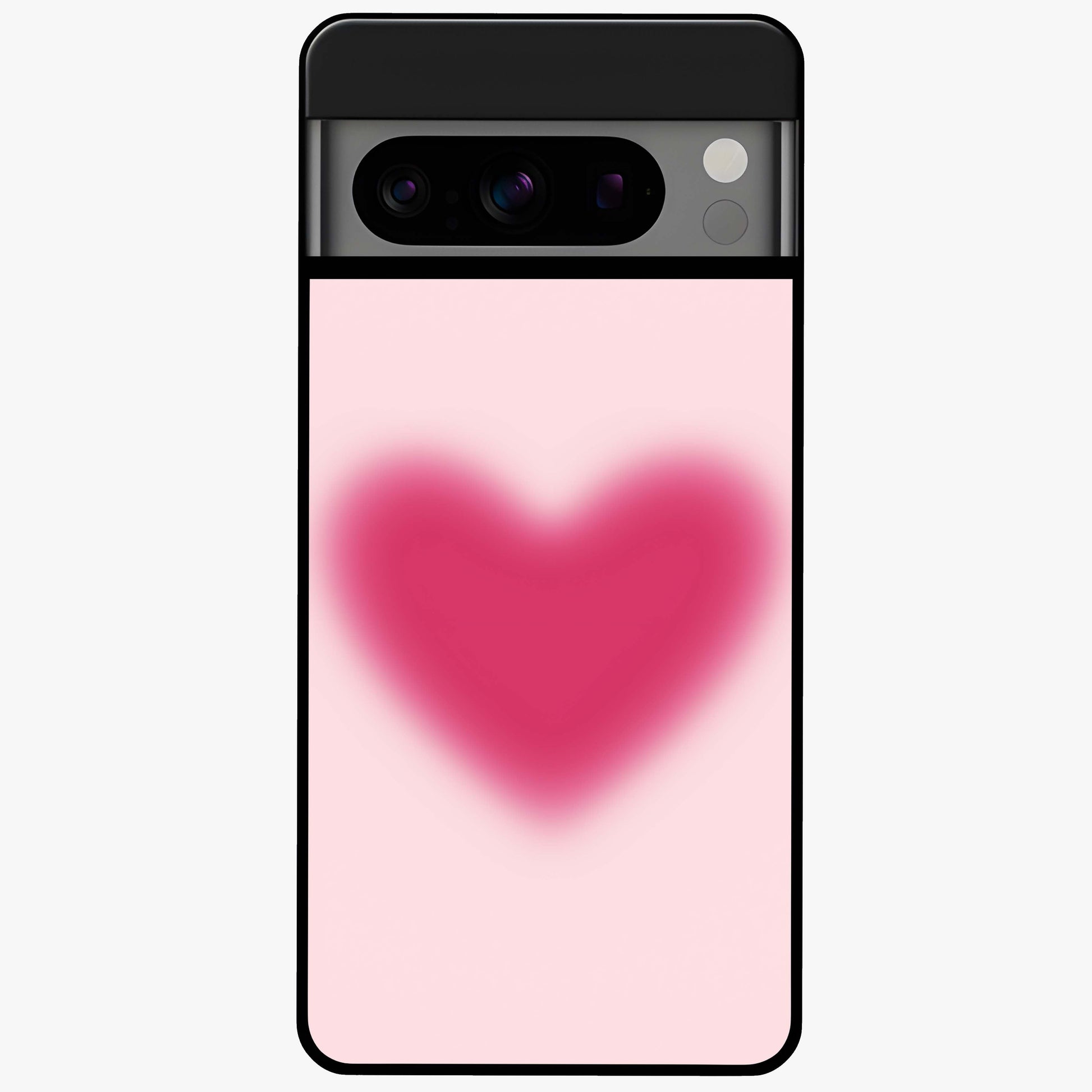 Pink Aura Heart Glass Case showing flat back view with glowing heart artwork and glossy glass finish.