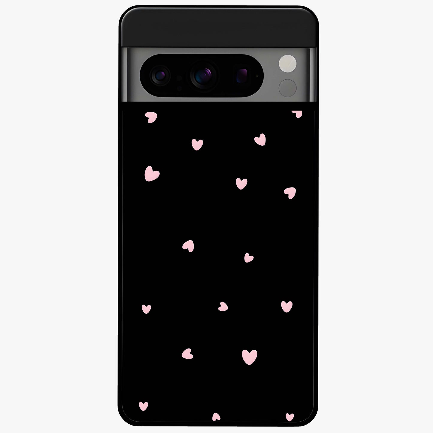 Pink Love Drops Glass Case showing flat back view with playful pink heart drops artwork and glossy glass finish.
